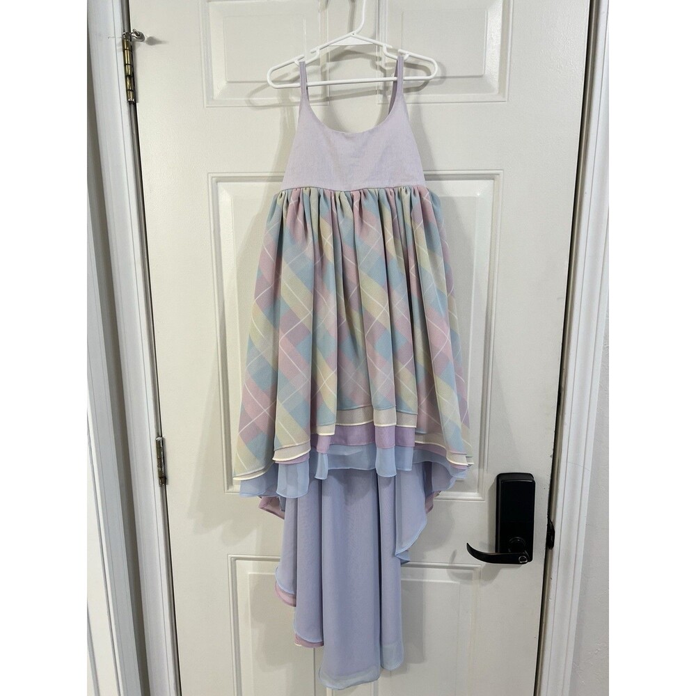Pleiades Girls Size 8 Plaid Pastel High Low Chiffon Dress!